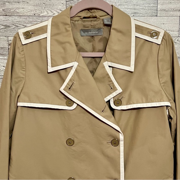 Liz Claiborne‎ Size Large Khaki With White Trim Lined Rain/Trench Jacket Buttons - Picture 3 of 14